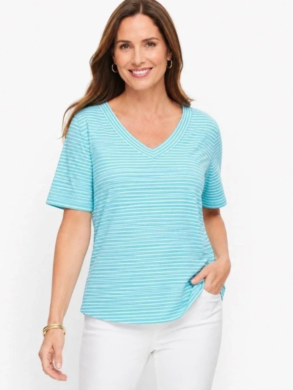 TALBOTS womens TOP aqua STRIPED white T-SHIRT stretch RIBBED green SIZE M